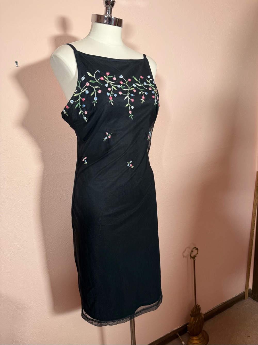 Vintage 90’s Y2K LBD little black dress embroidered Floral low back midi Dress